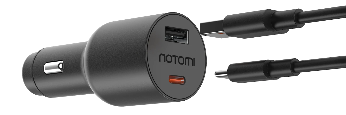 Ładowarka samochodowa Notomi 65 W z portami USB-C i USB-A oraz przewody USB-A i USB-C w trakcie podpinania.